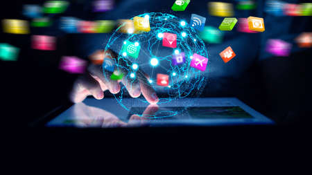 Hand using digital tablet connecting, Social media concept.の写真素材