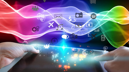 hand touch screen tablet. World connected, social media concept 