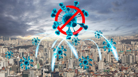 Virus over the cities. virus attack, Coronavirus or COVID-19 infection concept