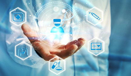 Doctor holding icon medical network connection , medical technology network concept                 ...