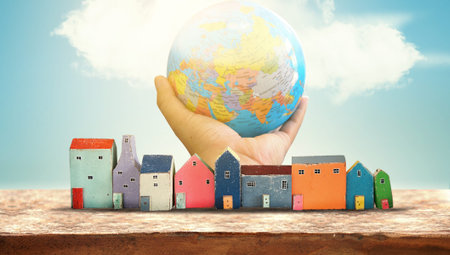 hand holding global and Small house. Eco friendly house concept                                     ...
