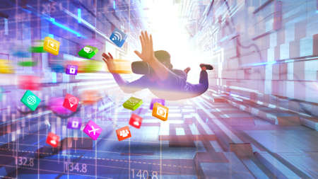 The young man wearing virtual reality glasses and floating in the air.  VR experienceの写真素材