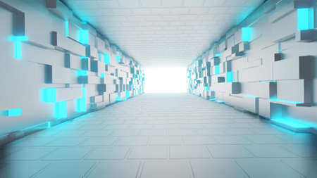 Futuristic Tunnel Empty. Illuminated corridor interior design, Neon Glowing Lights, 3D Rendering Illustrationの写真素材