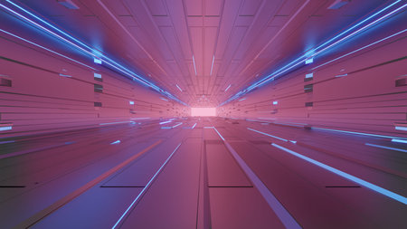 Futuristic Tunnel Empty. Illuminated corridor interior design, Neon Glowing Lights, 3D Rendering Illustrationの写真素材
