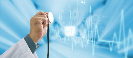Doctor with stethoscope in hand and digital medical interface, medical technology concept