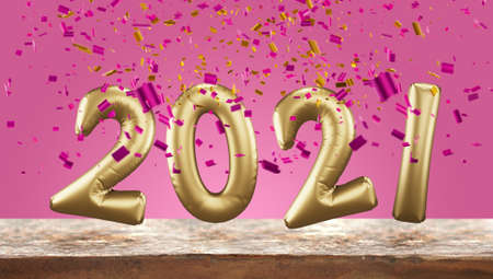 Happy New year 2021. Golden foil balloons numbers 2021 and confetti, 3d illustrationの写真素材