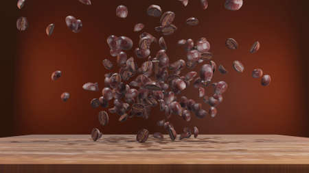 coffee beans explosion on the wooden tableの写真素材