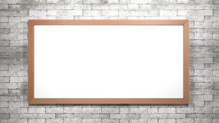 Photo frame on white brick wall.