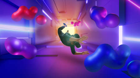 The young man wearing virtual reality glasses and floating in the air.  VR experienceの写真素材