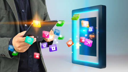 Businessman transfer data to cloud storage. Cloud computing technology conceptの写真素材