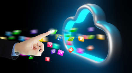 Businessman transfer data to cloud storage. Cloud computing technology concept, 3d renderingの写真素材