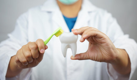 female dentist holding teeth model and toothbrush. Dentistry conceptual
