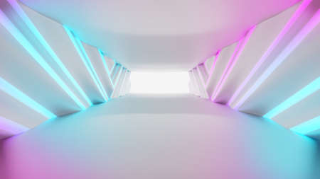 Futuristic Tunnel Empty. Illuminated corridor interior design, Neon Glowing Lights, 3D Rendering Illustrationの写真素材
