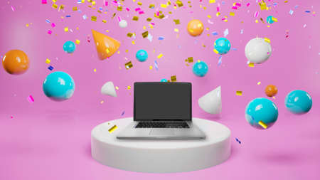 laptop on podium. product presentation,  Advertising,  3d renderingの写真素材