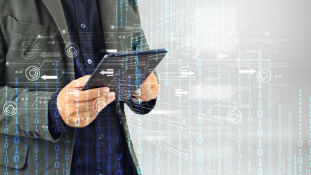 Hand using tablet connecting, Social network concept