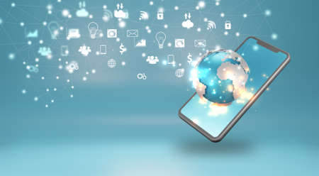 Smartphone with social media Icons. 3d renderingの写真素材