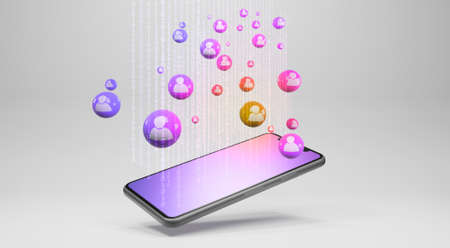 Smartphone with human Icons. social network concept, 3d renderingの写真素材