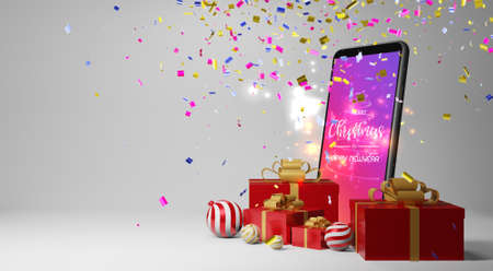 Smartphone with gifts. Christmas gift giving concept,3d renderingの写真素材