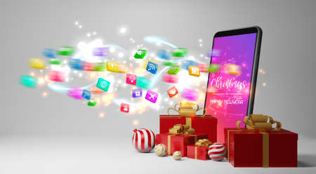 Smartphone with gifts. Christmas gift giving concept,3d renderingの写真素材