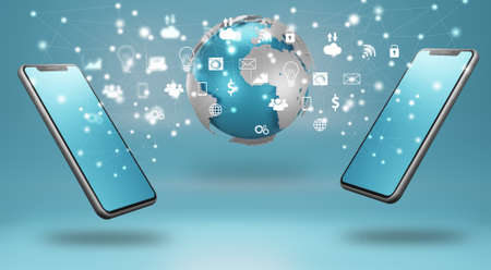 Smartphone with social media Icons. 3d renderingの写真素材