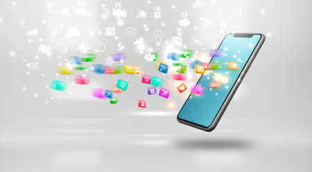 Smartphone with social media Icons. 3d renderingの写真素材