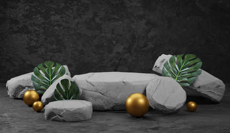 Natural stone podium. backdrop for product display with tropical leaves. 3d renderingの写真素材