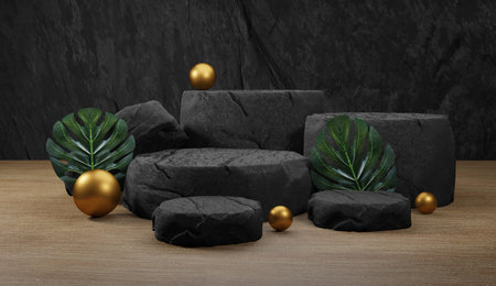Natural stone podium with tropical leaves. backdrop for product display,  3d renderingの写真素材