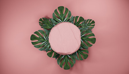 Natural pink stone podium with tropical leaves. backdrop for product display, 3d renderingの写真素材