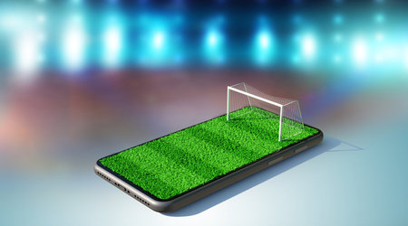 Soccer field on a smartphone screen. soccer online concept, 3d renderingの写真素材