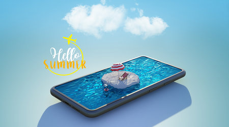 Swimming pool on smartphone. Travel and vacation concept, 3d renderingの写真素材