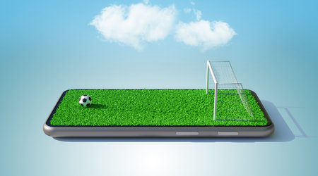 Soccer ball and field on a smartphone screen. soccer online concept, 3d renderingの写真素材