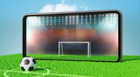 Soccer ball and field on a smartphone screen. soccer online concept, 3d renderingの写真素材