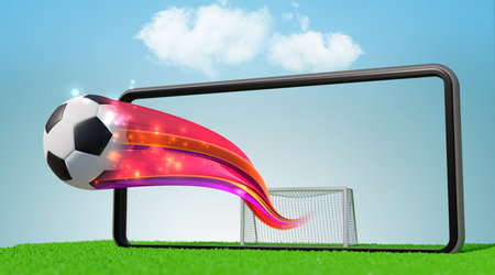 Soccer ball and field on a smartphone screen. soccer goal background, soccer online concept, 3d renderingの写真素材