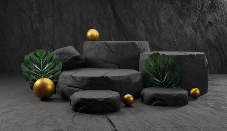 Natural stone podium. backdrop for product display with tropical leaves. 3d renderingの写真素材