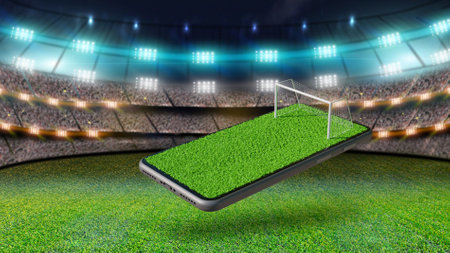 Soccer field on a smartphone screen. soccer online concept, 3d renderingの写真素材