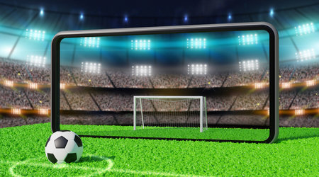 Soccer ball and field on a smartphone screen. soccer online concept, 3d renderingの写真素材