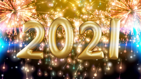 Happy New year 2021 celebration. Gold foil balloons 2021, 3d renderingの写真素材