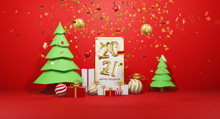 Happy New year 2021 celebration. Gold foil balloons 2021 with gift, 3d renderingの写真素材