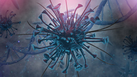 Microscopic view of virus cells. pandemic risk, virus infection concept, 3d renderingの写真素材
