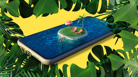 Tropical island on smartphone. Travel and vacation concept, 3d renderingの写真素材
