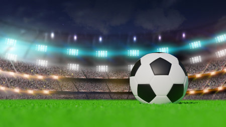 Ball on soccer field and bright spotlights. 3d renderingの写真素材