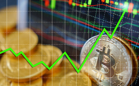 Bitcoin Price up with Green Arrow Graph.の写真素材