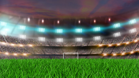 Soccer stadium at night. Empty green grass field and bright spotlights.の写真素材