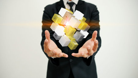 Businessman holding cube with business icons. 3d rendering