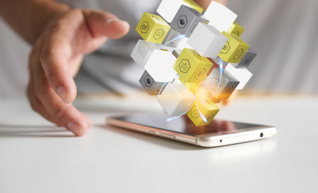 cube with social icons on smartphone. Media marketing concept. 3d renderingの写真素材