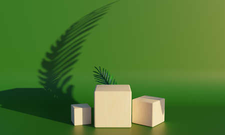 Wood podium. backdrop for product display with tropical leaves. 3d renderingの写真素材