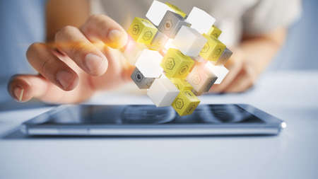 cube with social icons on smartphone. Media marketing concept. 3d renderingの写真素材