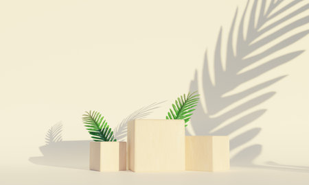 Wood podium. backdrop for product display with tropical leaves. 3d renderingの写真素材