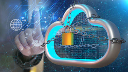Businessman pressing lock icon with binary code. Concept of cloud protection and technology network connection . 3d renderingの写真素材