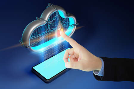 Businessman pressing lock icon with binary code. Concept of cloud protection and technology network connection . 3d renderingの写真素材